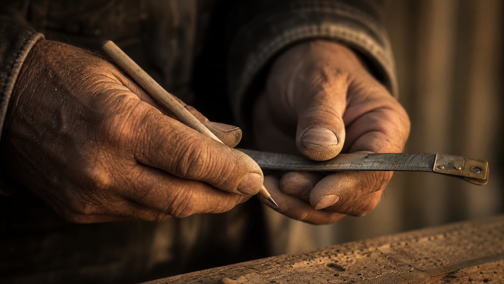 Acquisition de leads pour artisans BTP en Occitanie — mains expérimentées tenant crayon et mètre, savoir-faire du bâtiment