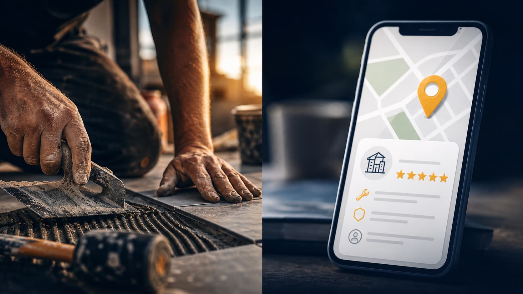 Artisan BTP au travail et fiche Google Maps avec avis 5 étoiles - visibilité locale artisan