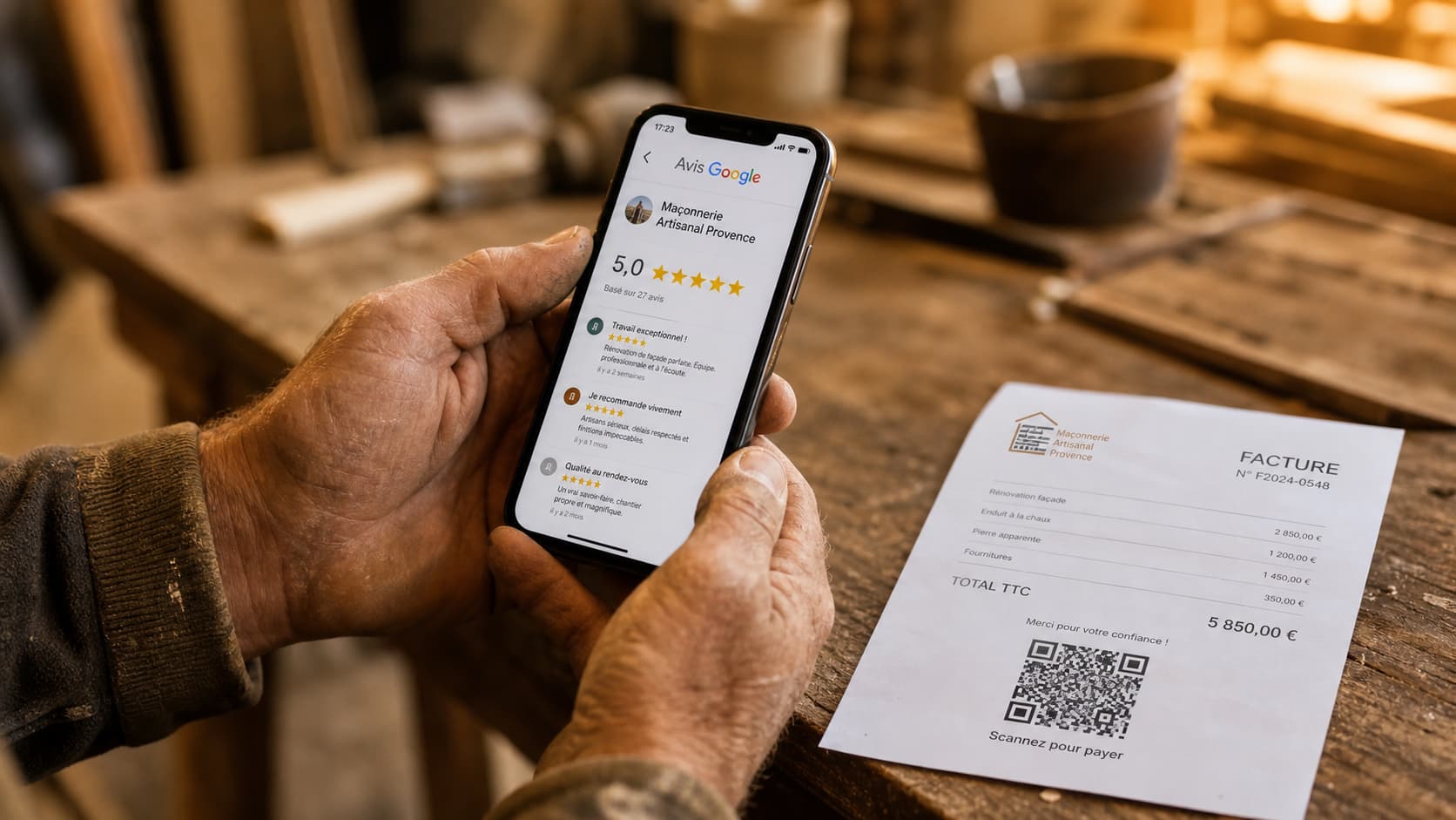 Artisan BTP consulte ses avis Google 5 étoiles sur smartphone avec QR code pour demander un avis client après chantier