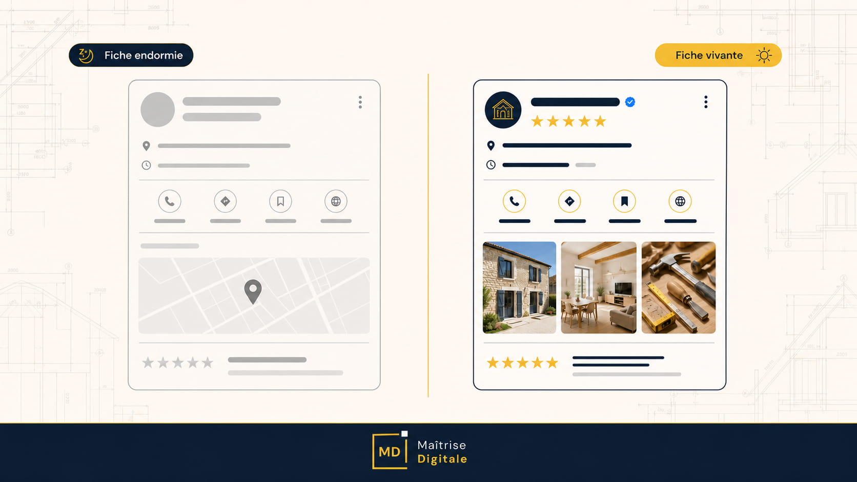 Comparaison avant/après : fiche Google Business Profile abandonnée vs fiche active avec photos de chantiers et avis récents