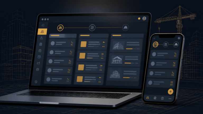 Tableau de bord d'un logiciel CRM BTP : pipeline clients, devis et chantiers sur écran et smartphone
