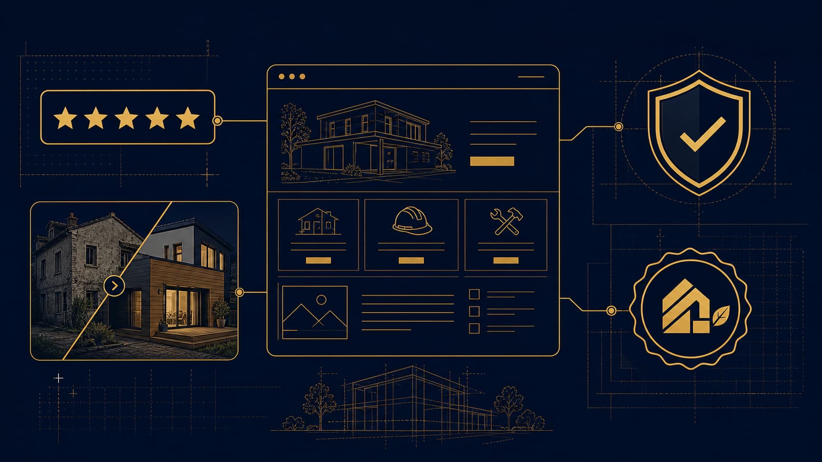 Éléments de preuve d'un site web d'artisan BTP : avis 5 étoiles, réalisations, RGE