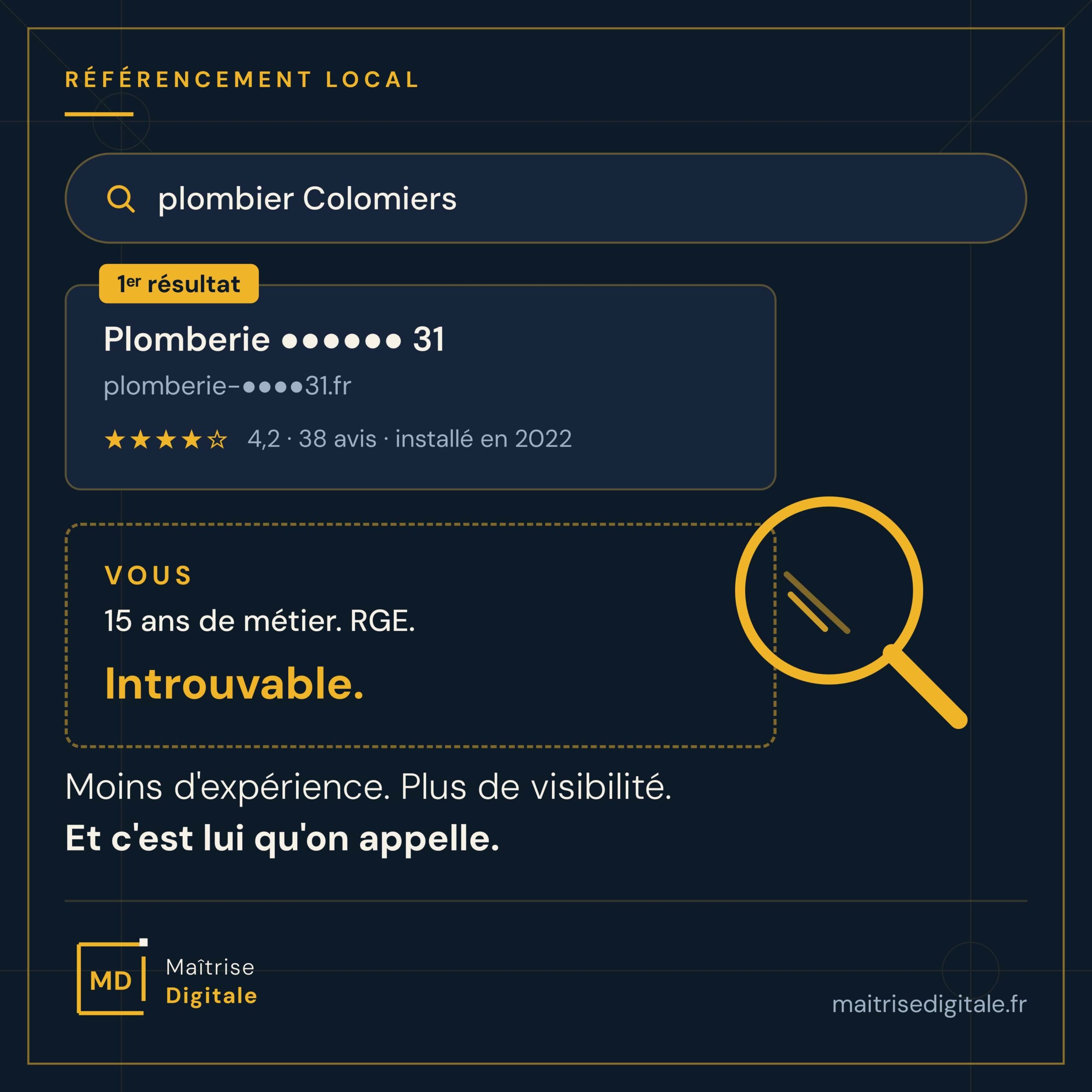 Résultats Google "plombier Colomiers" : le concurrent de 2022 apparaît en premier, l'artisan expérimenté est introuvable
