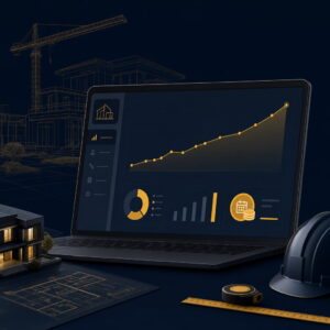 Tableau de bord Google Ads avec courbe de leads en hausse et budget quotidien, illustration BTP