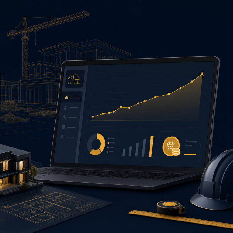 Tableau de bord Google Ads avec courbe de leads en hausse et budget quotidien, illustration BTP