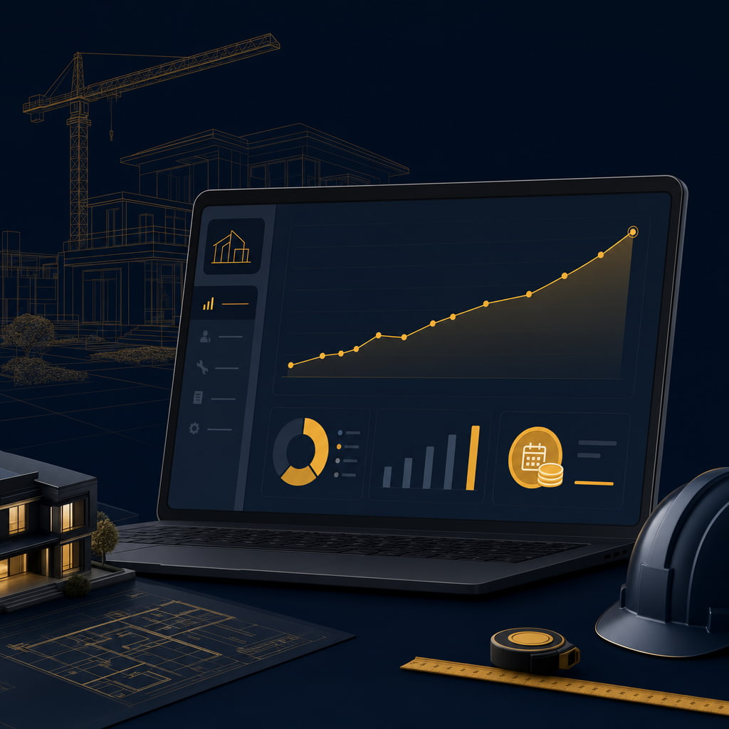 Tableau de bord Google Ads avec courbe de leads en hausse et budget quotidien, illustration BTP