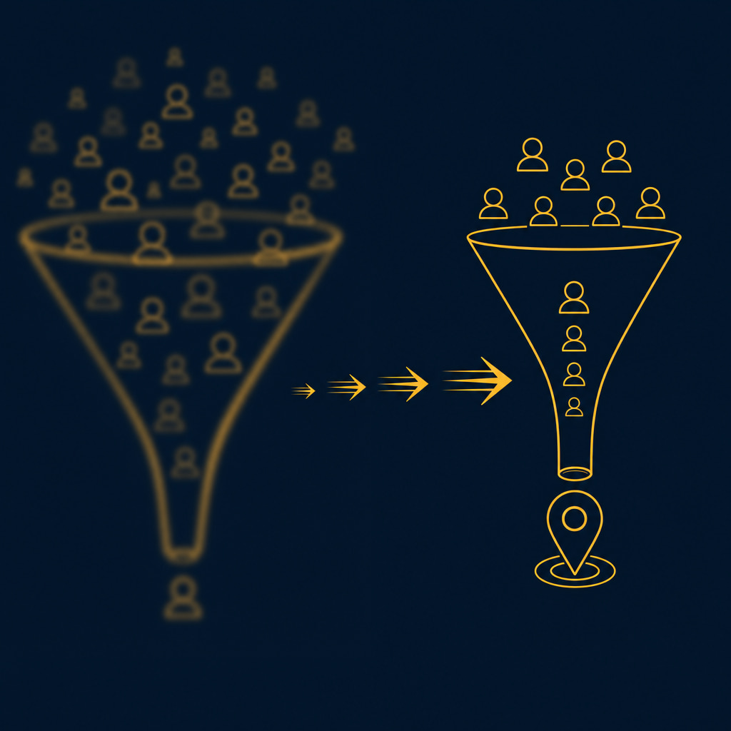 Entonnoir publicitaire large qui se resserre en ciblage géolocalisé précis, illustration Google Ads BTP