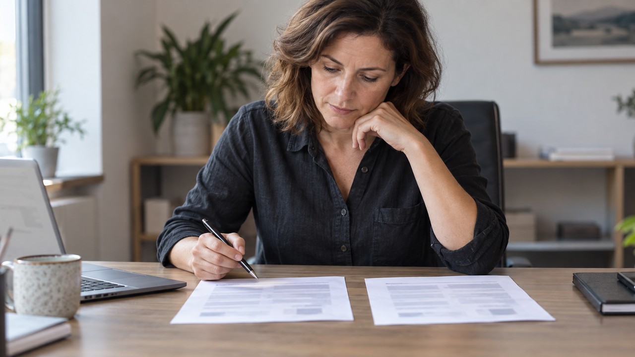 Dirigeante de TPE comparant deux propositions à son bureau