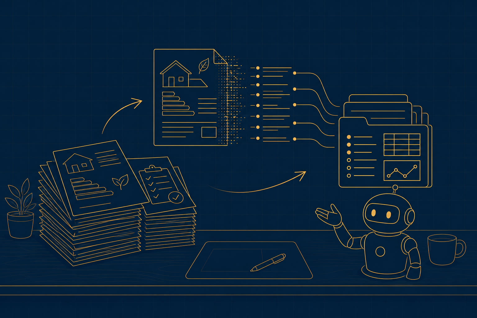 Agent IA administratif automatisant un dossier MaPrimeRénov - pile de documents transformée en données numériques, illustration bleu nuit et or