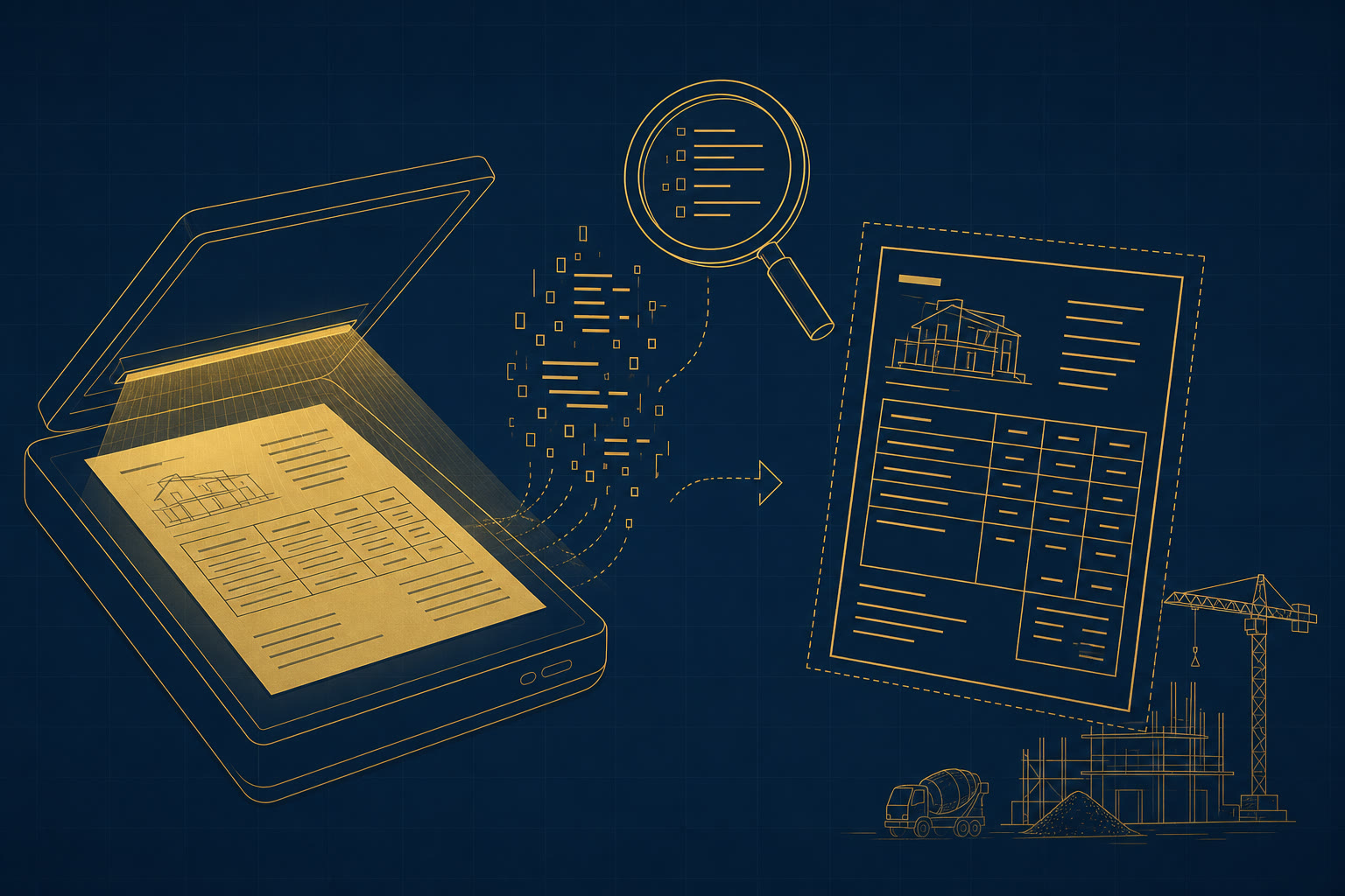 OCR d'un devis scanné du BTP : le scan papier devient des données numériques, illustration bleu nuit et or