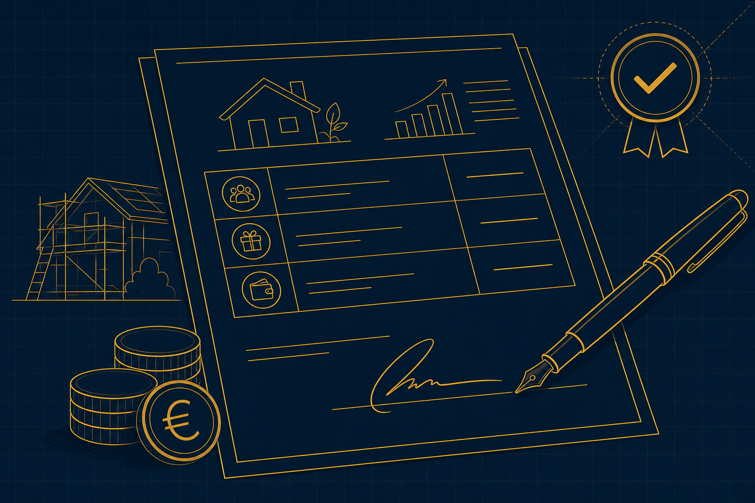 Plan de financement MaPrimeRénov prêt à signer avec stylo plume et sceau de validation, illustration bleu nuit et or