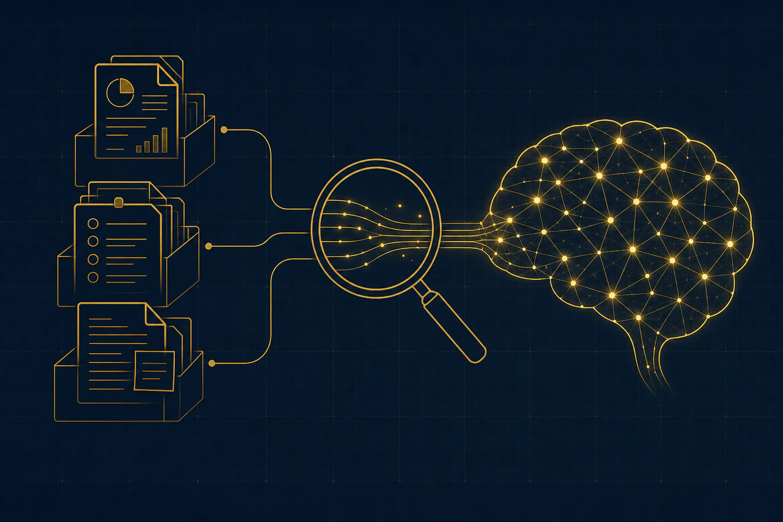 Second cerveau : base de documents reliée à un cerveau par recherche sémantique, illustration bleu nuit et or