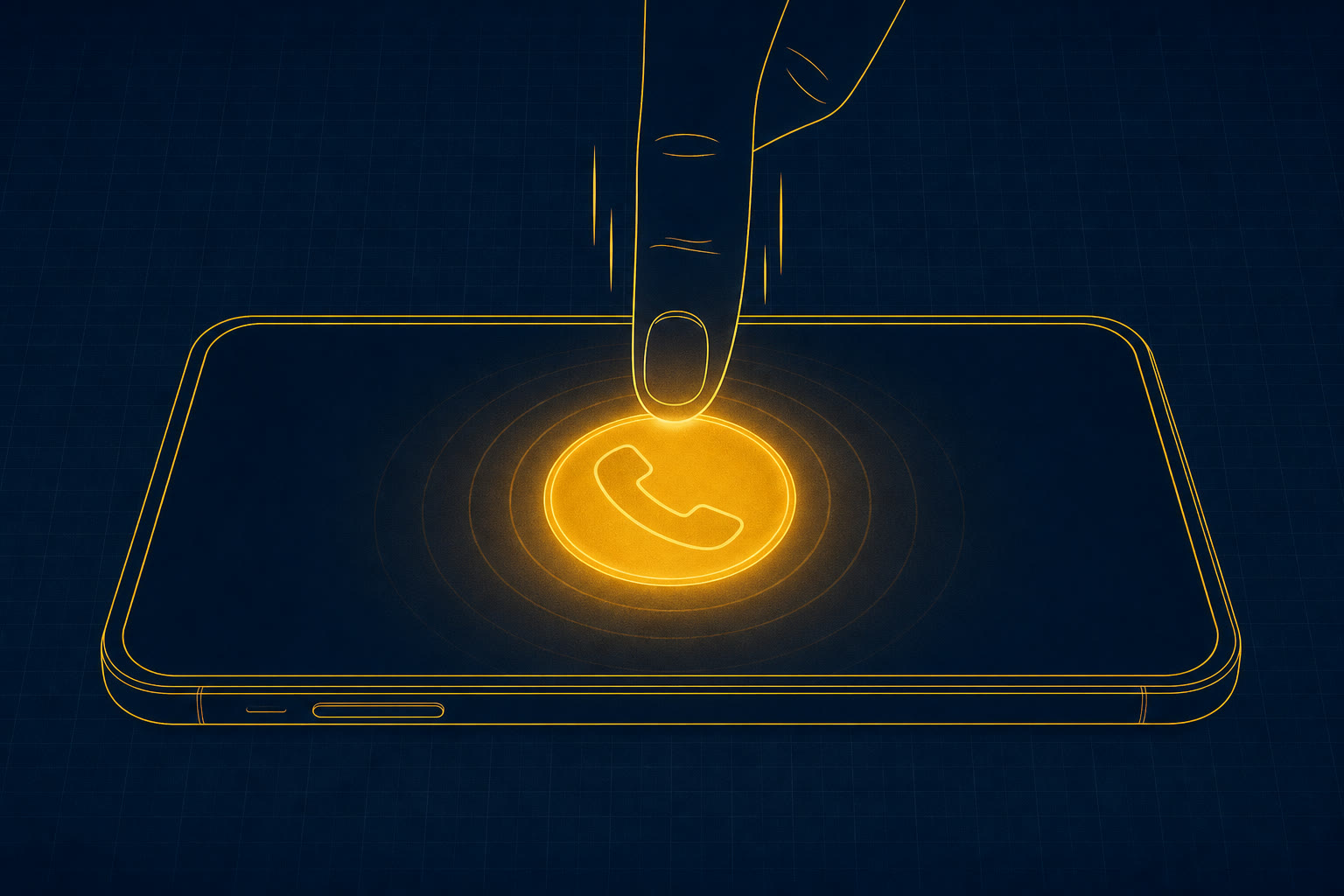 Doigt appuyant sur un grand bouton d'appel doré lumineux sur un smartphone - illustration bleu nuit et or