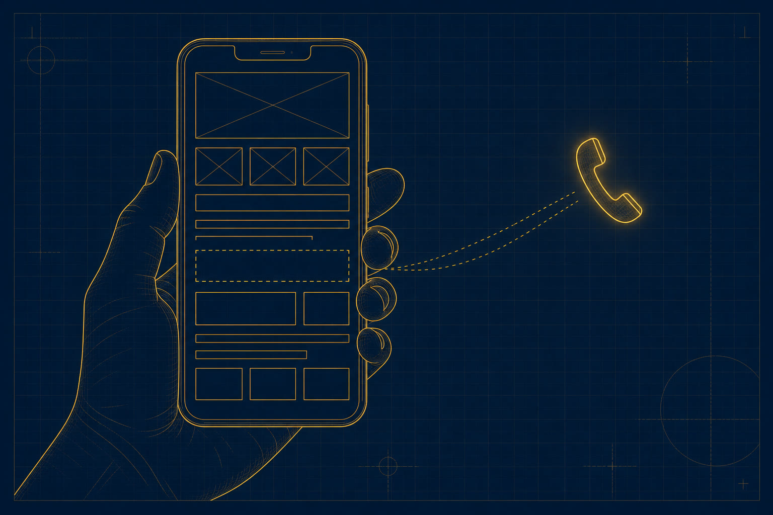 Client devant un site d'artisan sans bouton de contact visible, téléphone doré hors de portée - illustration bleu nuit et or
