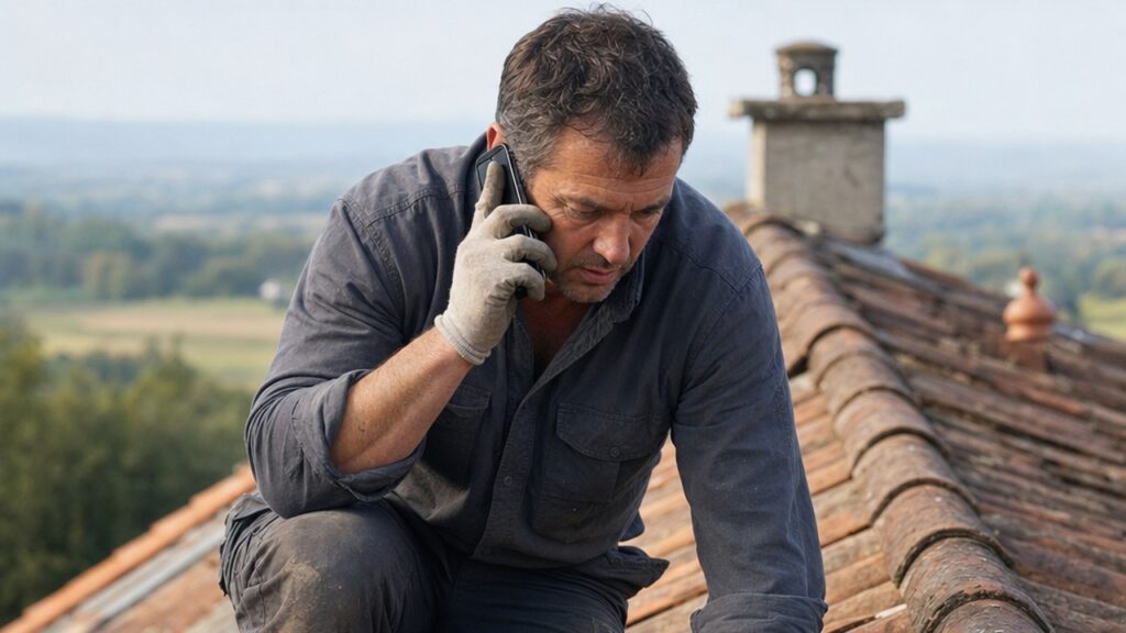 Assistant IA chantier : un couvreur sur son toit, téléphone en main, sans ordinateur