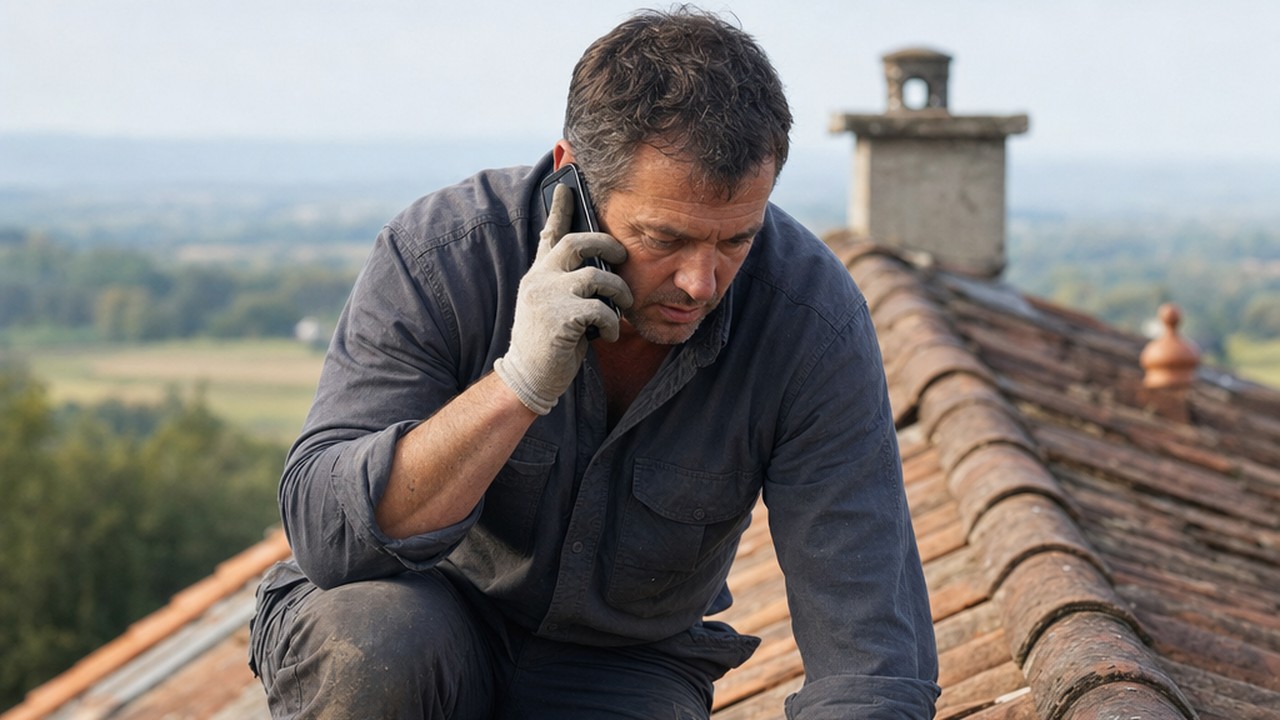 Assistant IA chantier : un couvreur sur son toit, téléphone en main, sans ordinateur