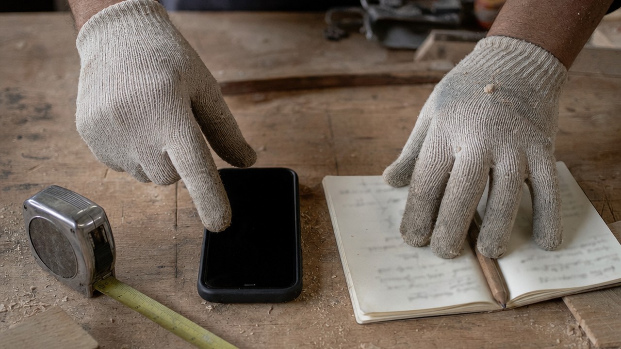 Dictée de métré au chantier : main gantée, carnet ouvert et mètre ruban posés près du téléphone