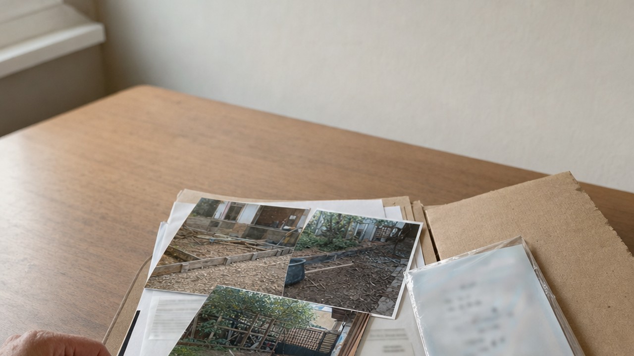 Dossier de chantier tenu à jour après la visite : photos, devis et pièces rassemblés sur le bureau