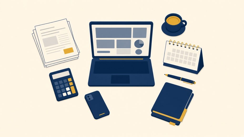 Bureau d'un dirigeant de TPE vu de dessus, documents et outils de gestion administrative