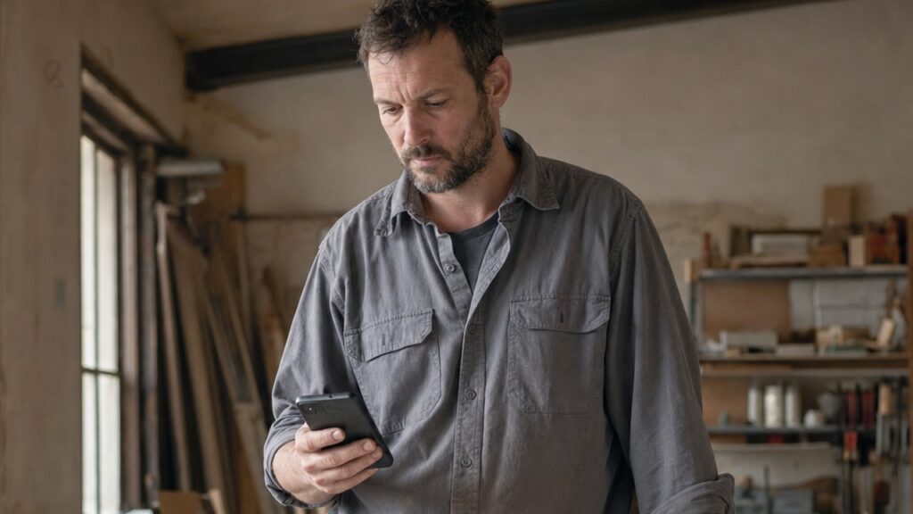 Relance de devis : téléphone en main à l'atelier, devis posés sur l'établi