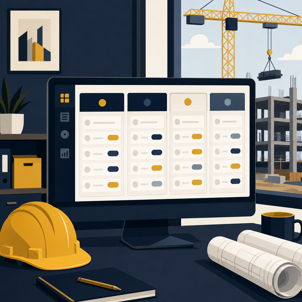 Tableau simple de suivi des encaissements chantier pour PME BTP, illustration navy or