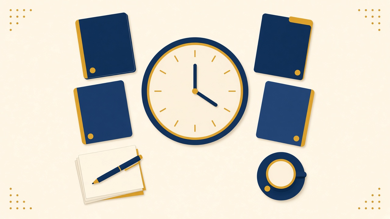 Répartition du temps administratif d'une TPE entre quatre postes, horloge et dossiers