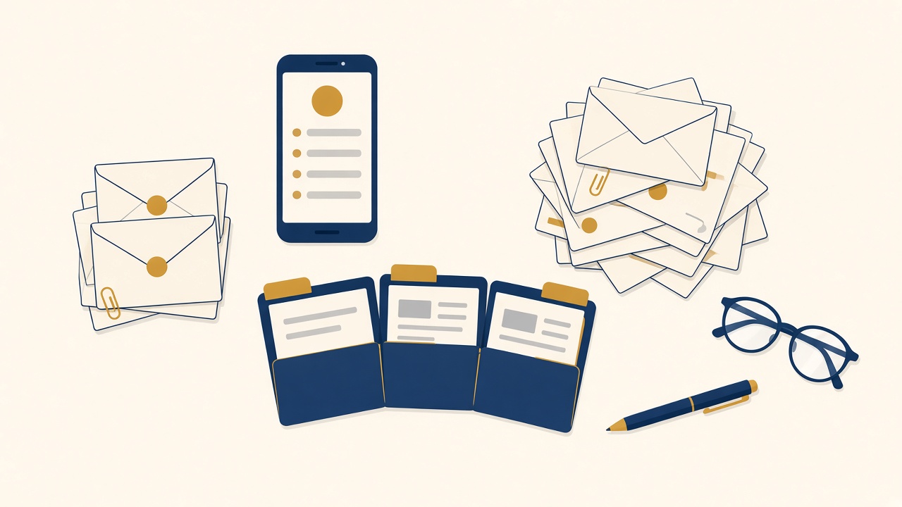 Tri des mails et des courriers dans une TPE, dossiers et enveloppes sur un bureau