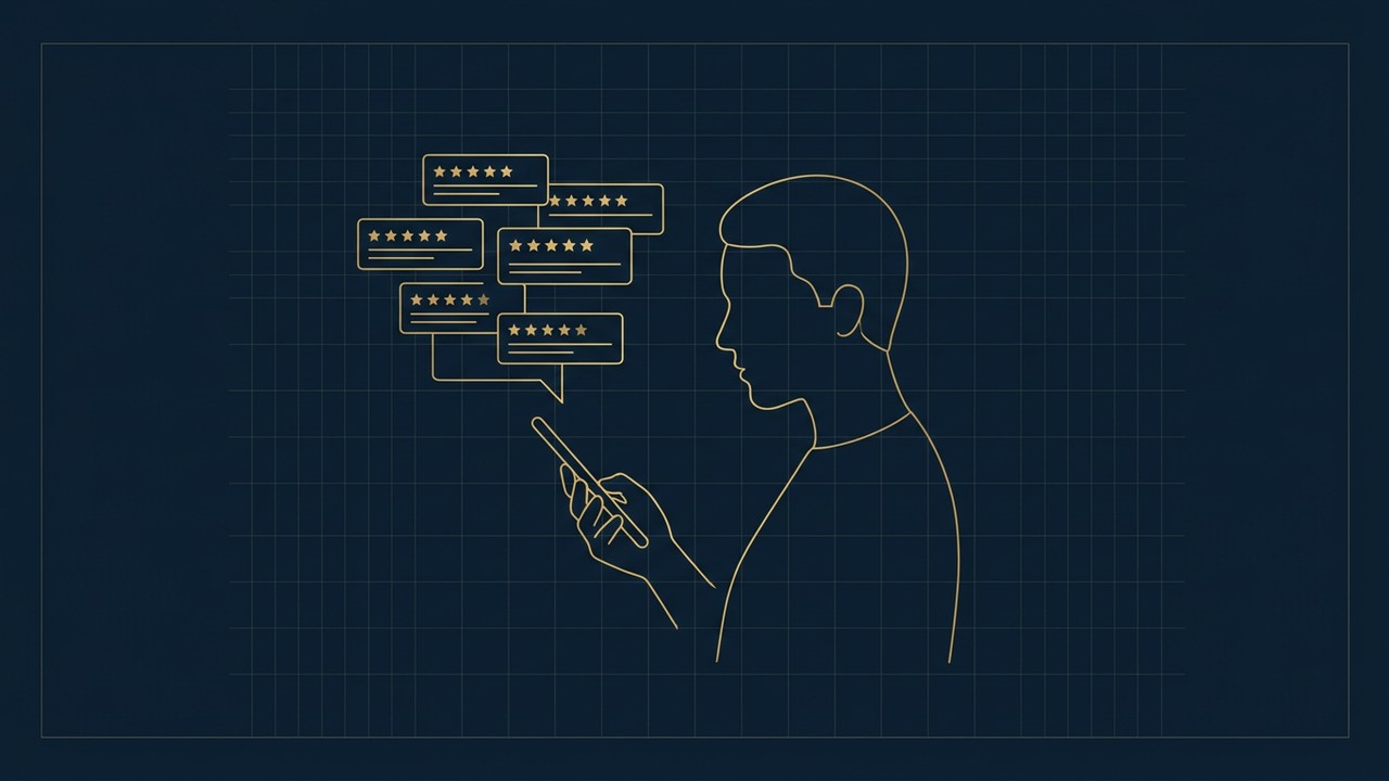 Un proche vérifie les avis Google d'une entreprise avant de la recommander, illustration navy et or