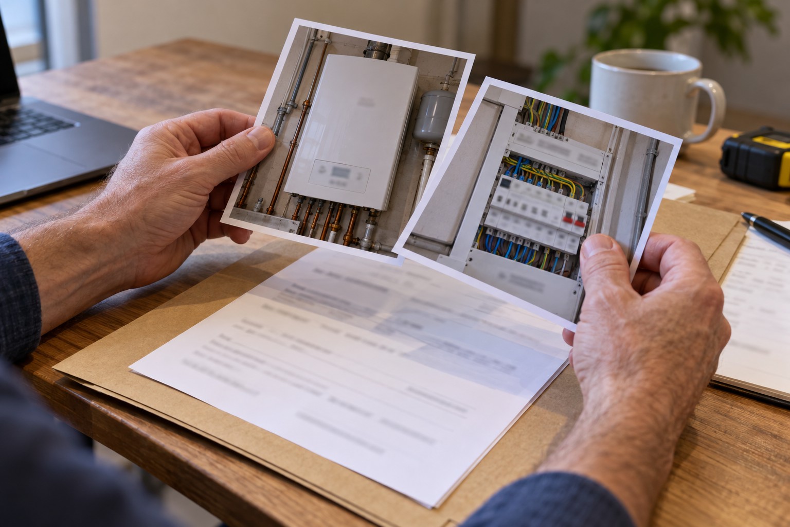 Contrôle d'un dossier de diagnostic avant envoi : photos de chaudière et de tableau électrique relues à la main
