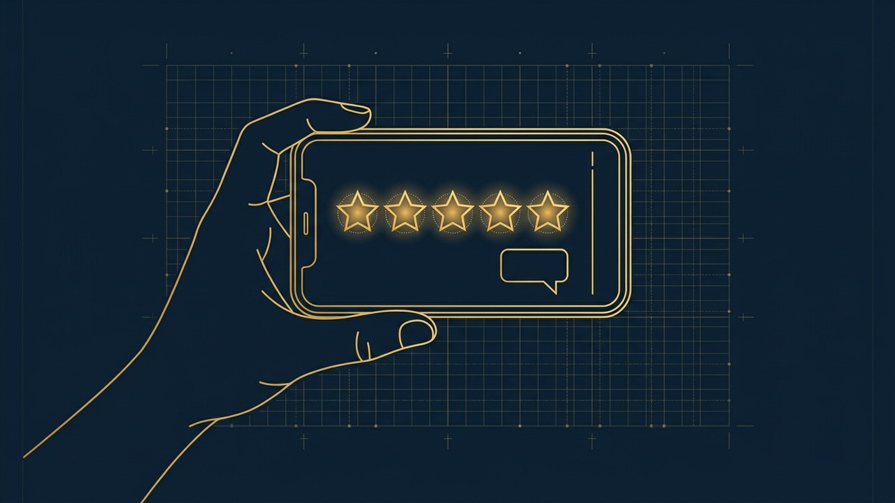 Demande d'avis client au bon moment : main tenant un téléphone avec cinq étoiles dorées, illustration navy et or