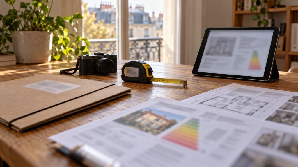 Bureau de diagnostic immobilier : dossier, mètre et appareil photo, sans texte lisible